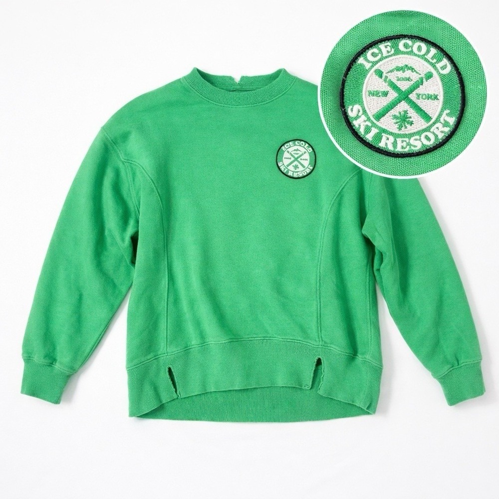 AERIE Sweatshirt Oversized Distressed SKI RESORT Green Women's XXS Soft Cozy EUC
